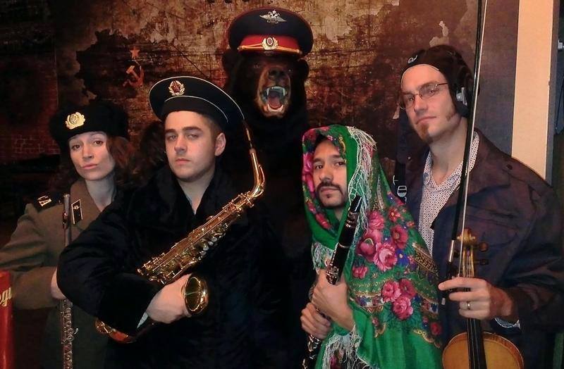 Sound Bridge Project posing with Mischa the Bear at Russian House